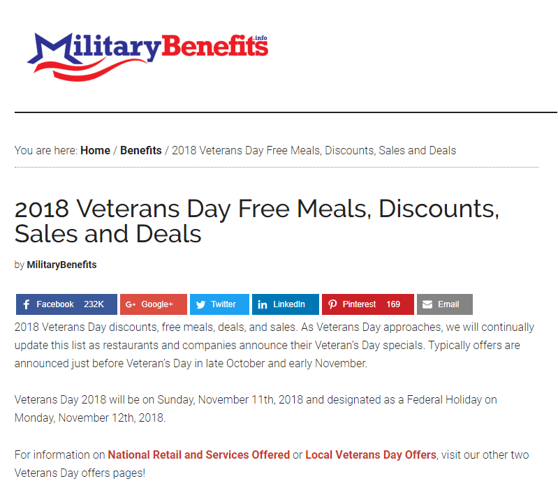 2018 Veterans Day Free Meals, Discounts, Sales and Deals 2018 Veterans Day Benefits, Free Meals, Discounts, Sales and Deals