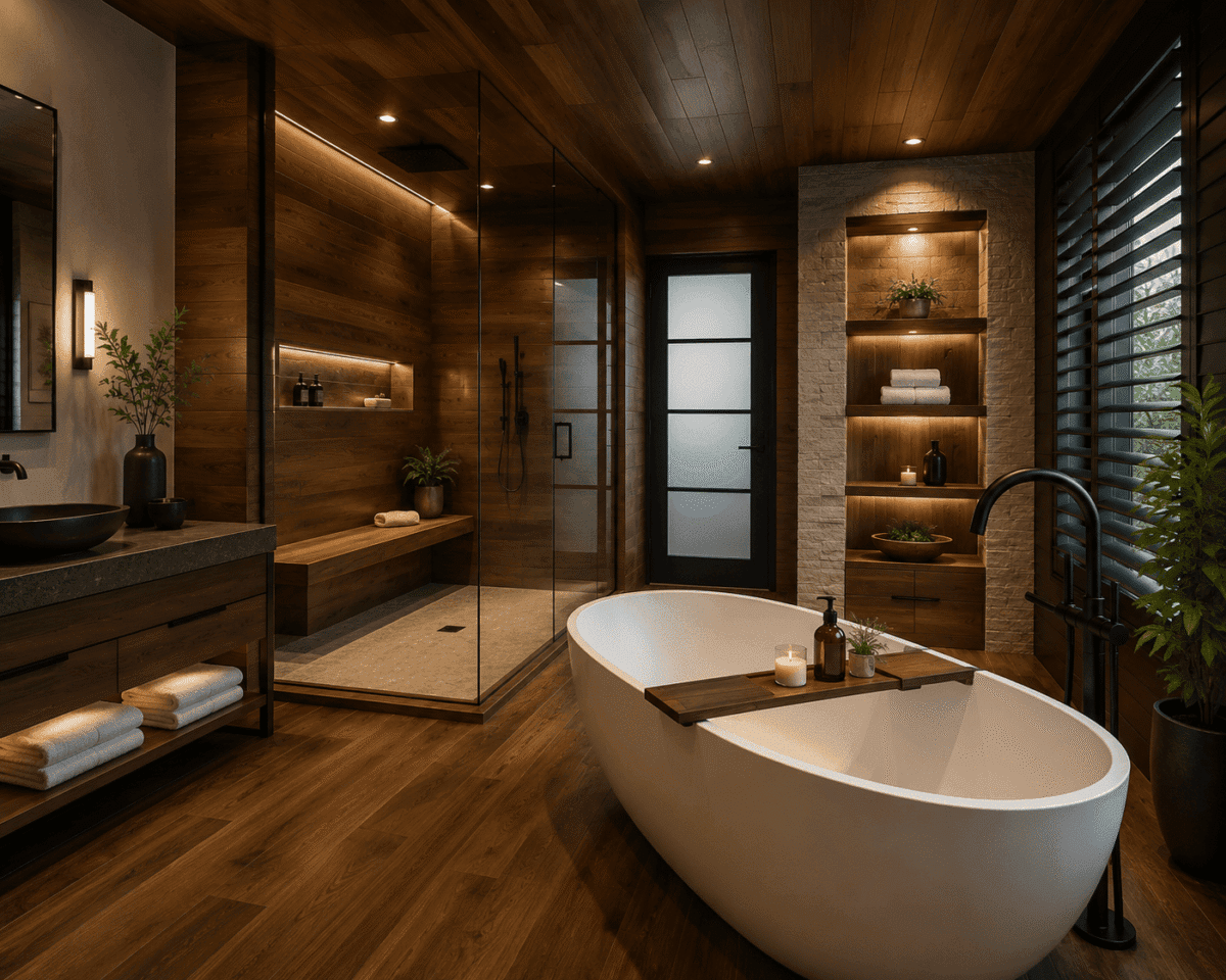 Luxurious spa-inspired bathroom retreat A luxurious modern bathroom with rich walnut wood flooring, walls, and ceiling accents, featuring a large white freestanding soaking tub in the foreground. The spa-inspired space includes a glass walk-in shower with a built-in wooden bench, warm recessed lighting, textured stone shelving, black-framed frosted glass door, and dark plantation shutters. Minimal décor, rolled towels, and potted greenery create a warm, tranquil, high-end retreat atmosphere.